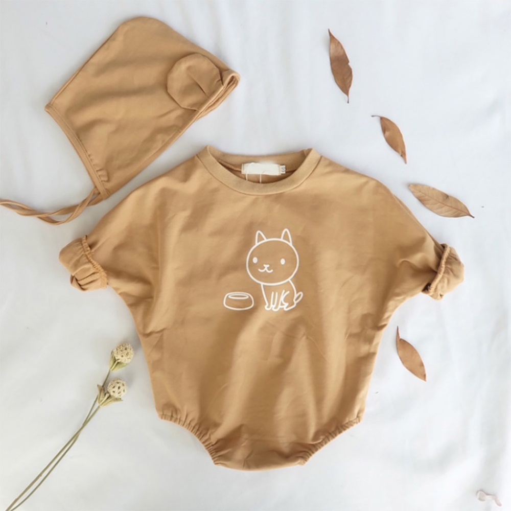 Cute Puppy Printed Baby Romper Set w/ Hat Coffee